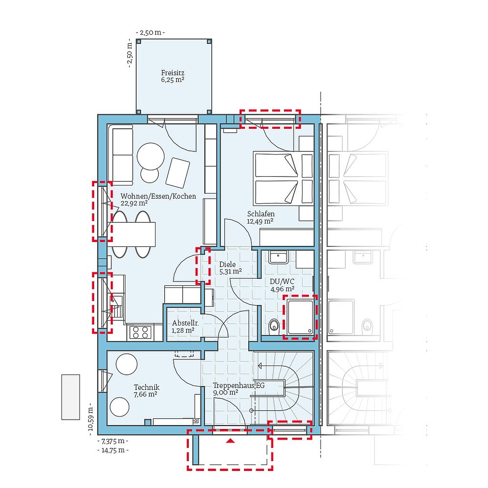 QNG⁺-Line Doppelhaus 126: Grundrissoption EG - Hanse Haus