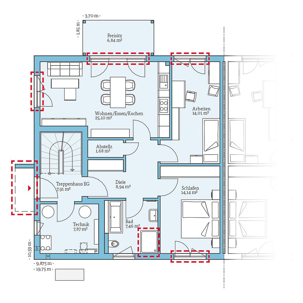 QNG⁺-Line Doppelhaus 174: Grundrissoption EG - Hanse Haus