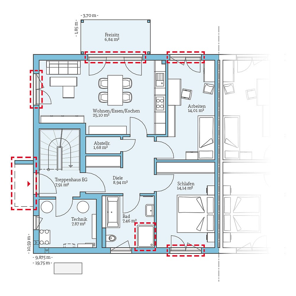 QNG⁺-Line Doppelhaus 174: Grundrissoption EG - Hanse Haus