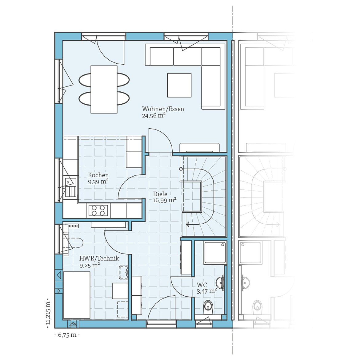 Prefabricated semi-detached house 35-124: Ground floor plan
