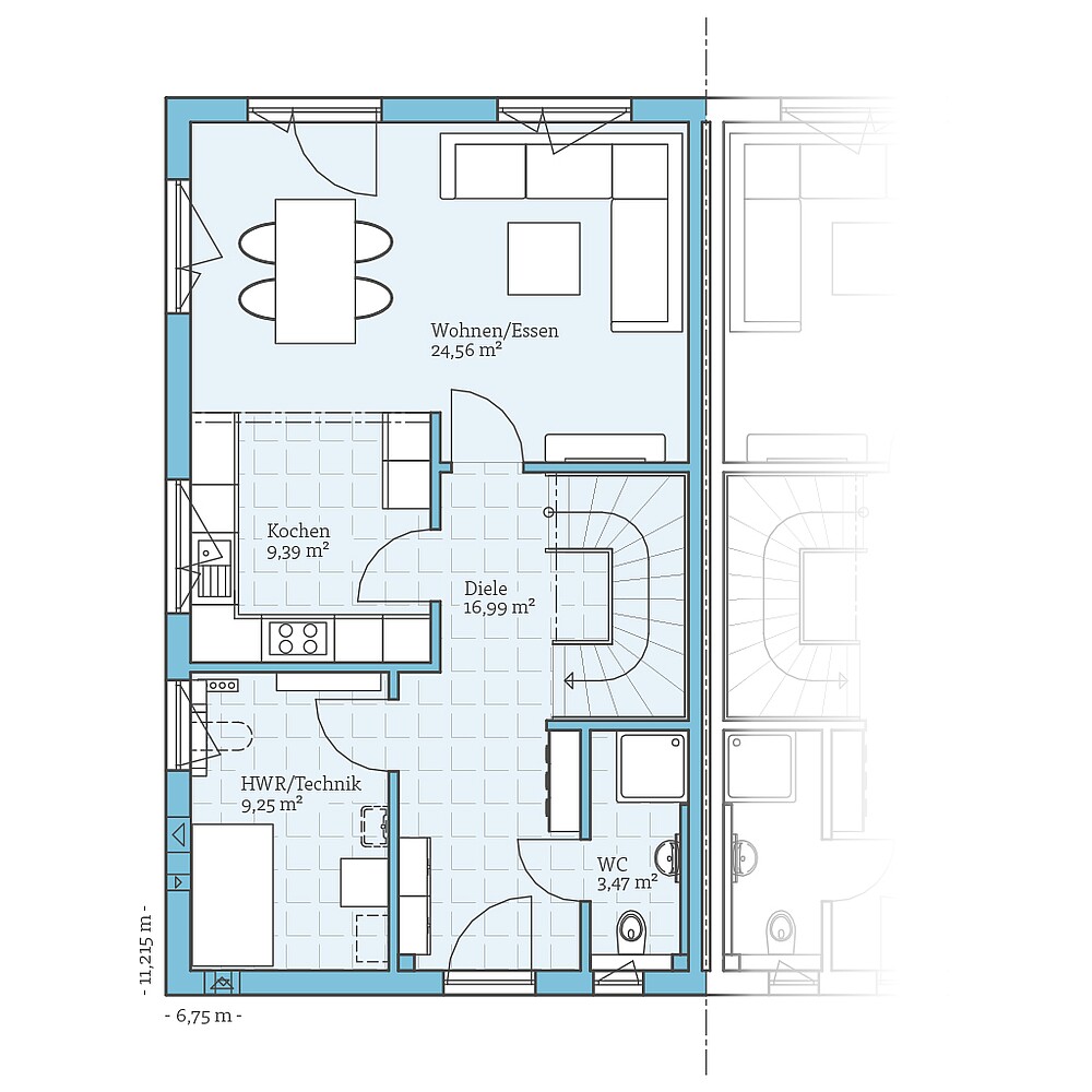 Erdgeschoss Fertighaus Doppelhaus 35-124: Grundriss EG