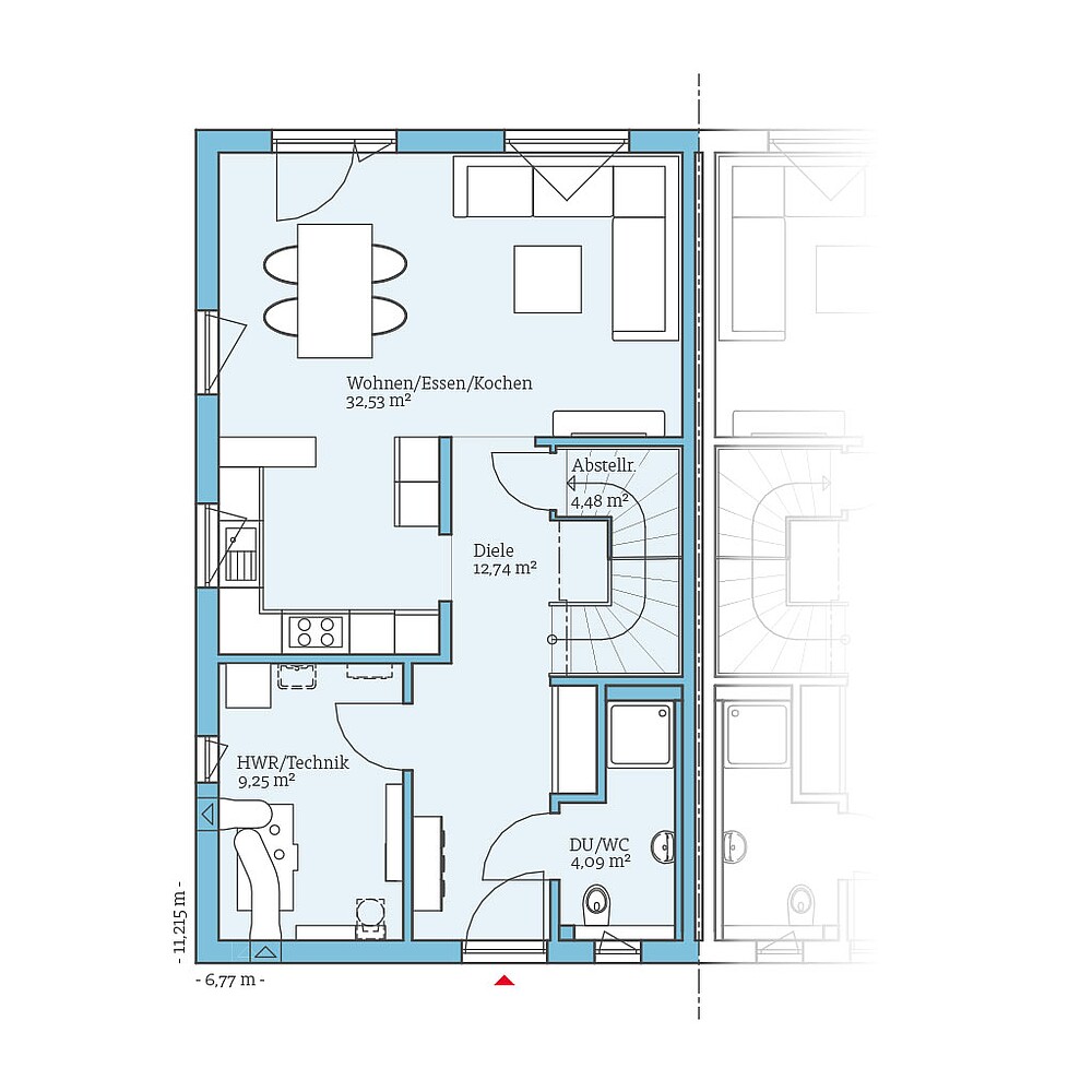 Grundriss (Erdgeschoss) QNG⁺-Line Doppelhaus 179: Grundriss EG - Hanse Haus