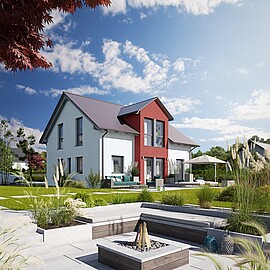 Haus mit Satteldach und rotem Giebel