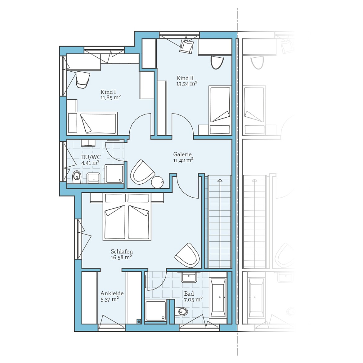 Prefabricated semi-detached house 144: Floor plan upper floor