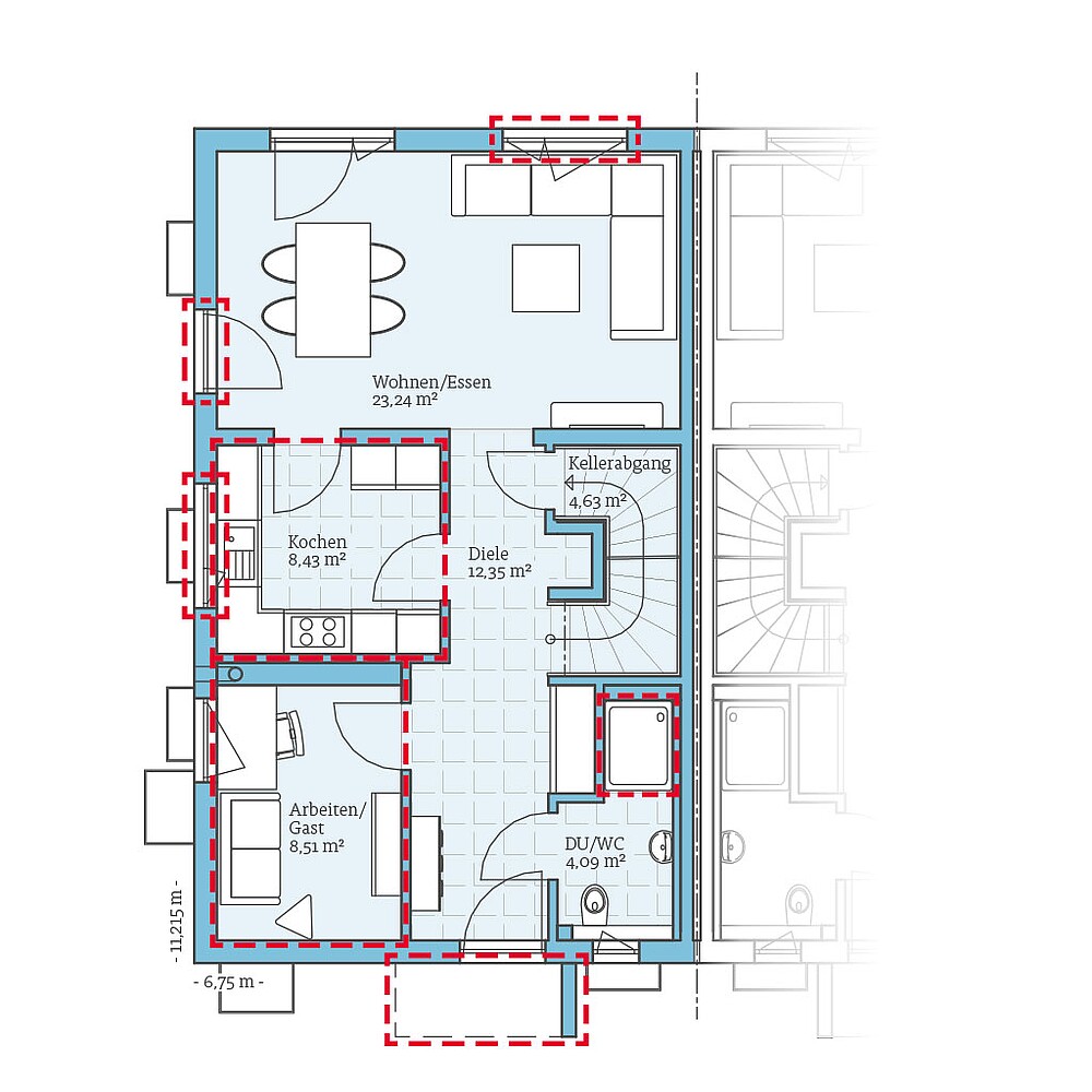 QNG⁺-Line Doppelhaus 179: Grundrissoption 1 EG - Hanse Haus