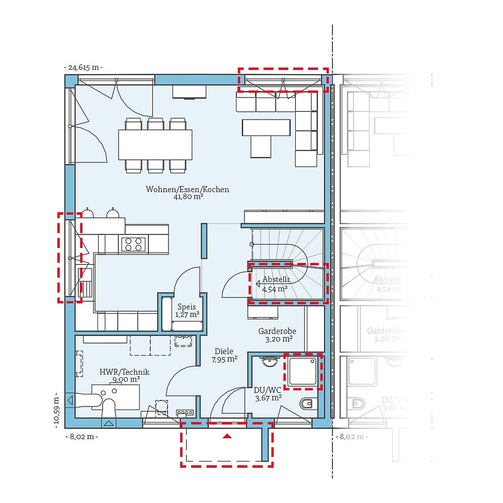 QNG⁺-Line: Doppelhaus 35-142: Grundrissoption 1 EG - Hanse Haus