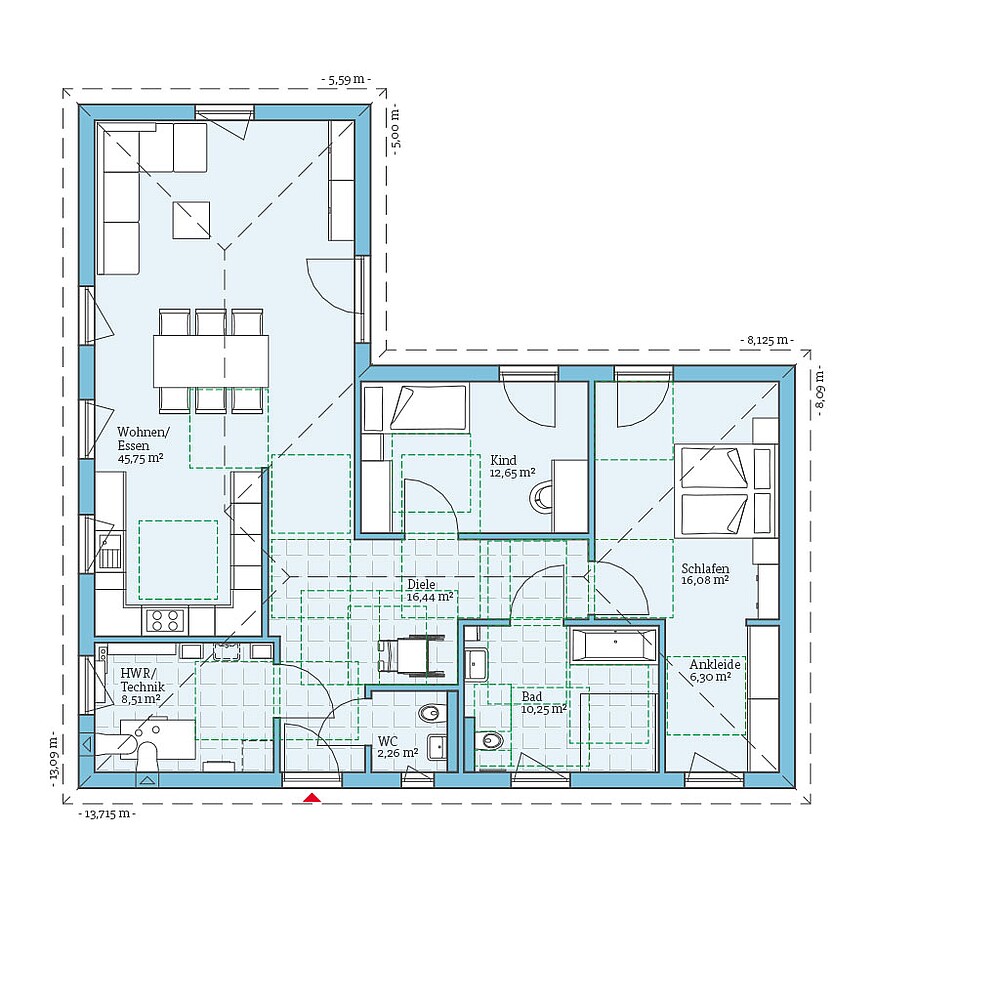 QNG⁺-Line: Fertighaus Bungalow 118: Grundrissoption 3 EG
