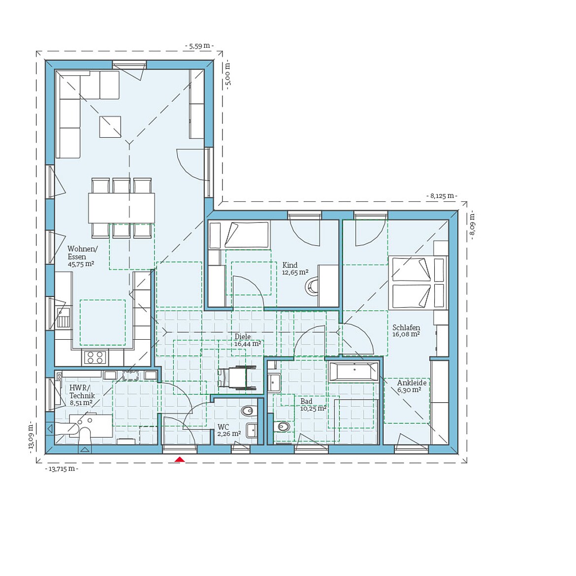 QNG⁺-Line: Fertighaus Bungalow 118: Grundrissoption 3 EG