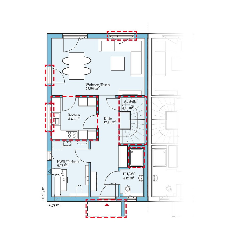 QNG⁺-Line: Doppelhaus 38-124: Grundrissoption 1 EG - Hanse Haus