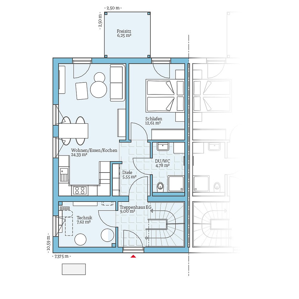 QNG⁺-Line Doppelhaus 35-125: Grundriss EG - Hanse Haus