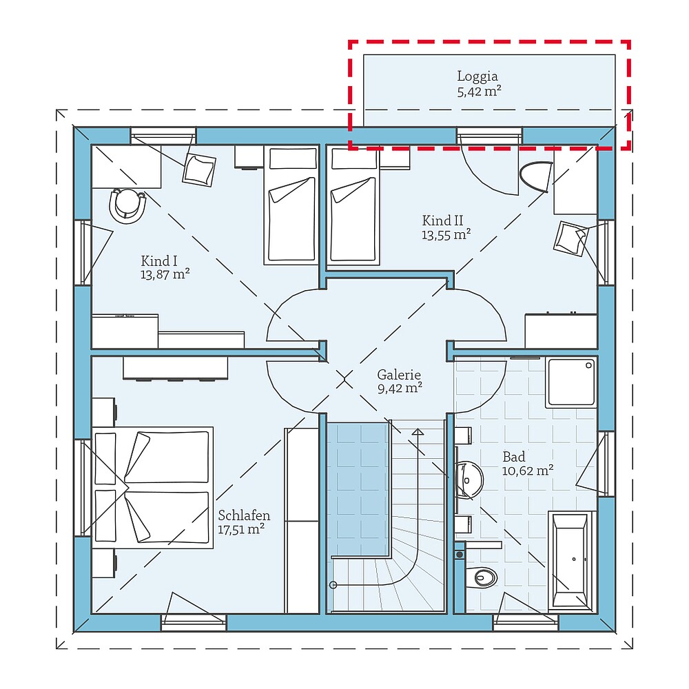 Planning option for upper floor Fertighaus Villa 134: Grundrissoption OG