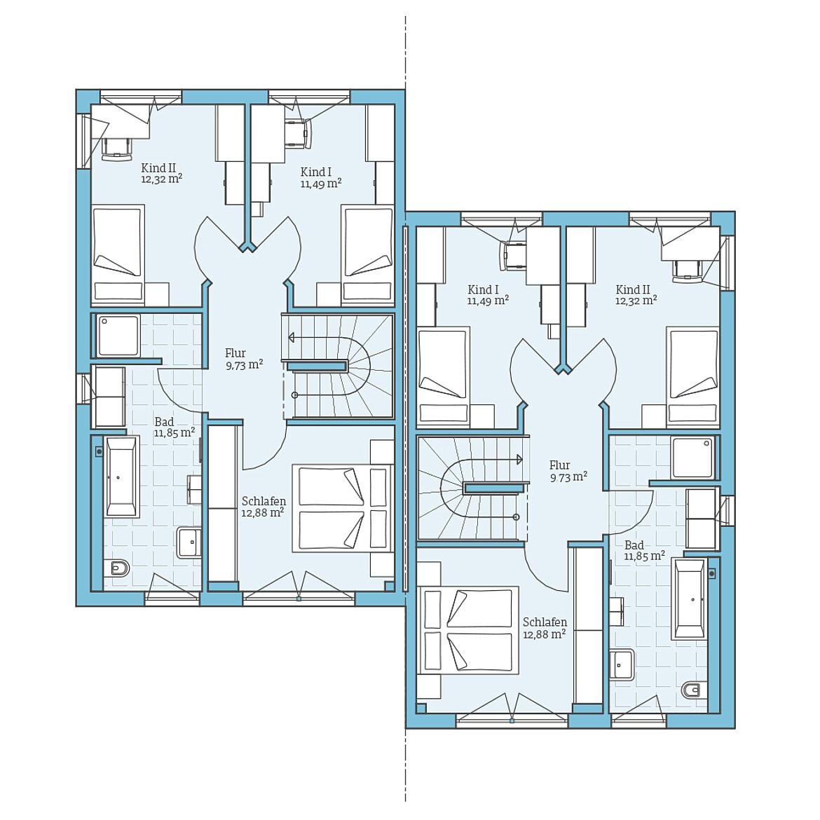 Prefabricated semi-detached house 164: Floor plan upper floor