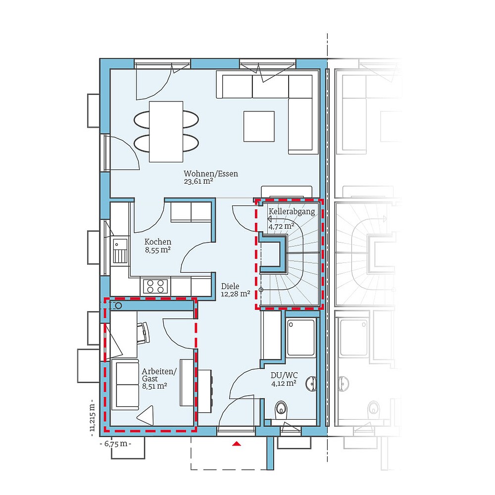 QNG⁺-Line: Doppelhaus 25-125: Grundrissoption 2 EG - Hanse Haus