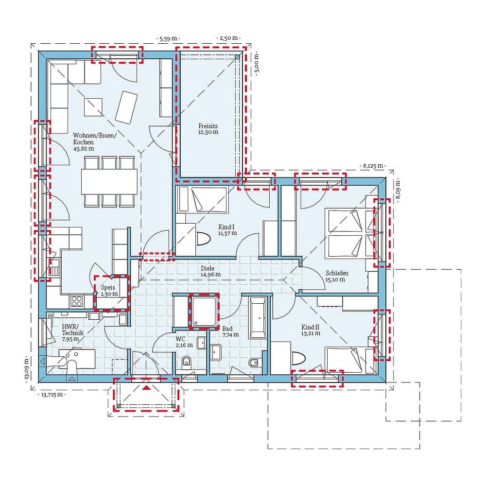 QNG⁺-Line: Fertighaus Bungalow 118: Grundrissoption 1 EG