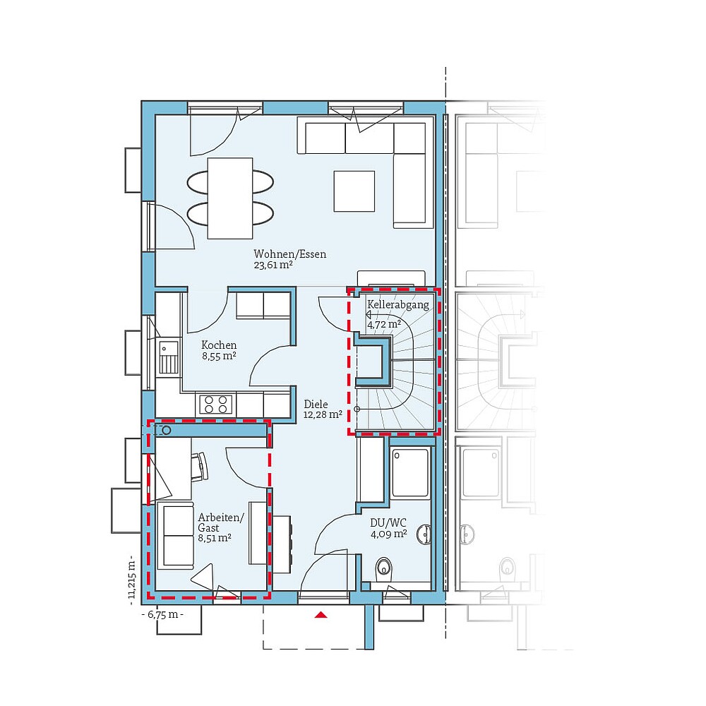 QNG⁺-Line: Doppelhaus 38-124: Grundrissoption 2 EG - Hanse Haus