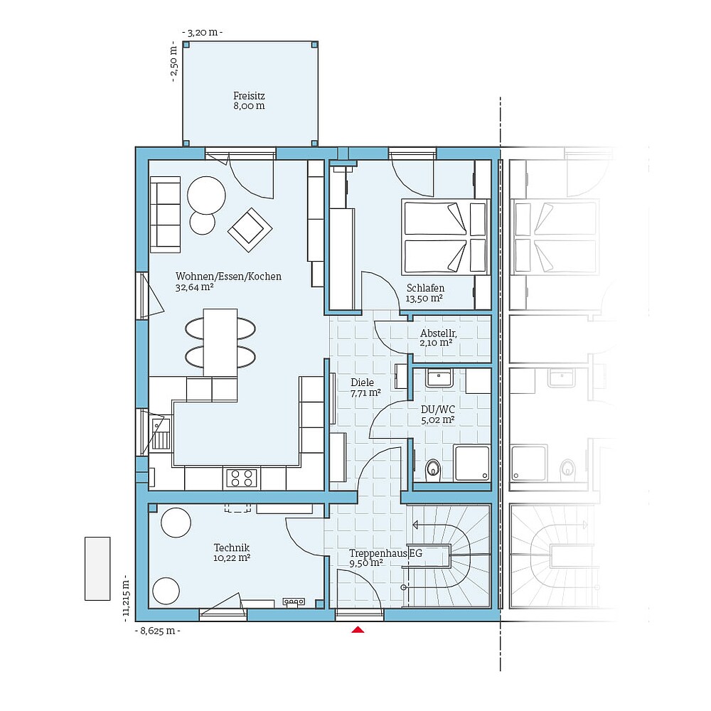 QNG⁺-Line Doppelhaus 159: Grundriss EG - Hanse Haus