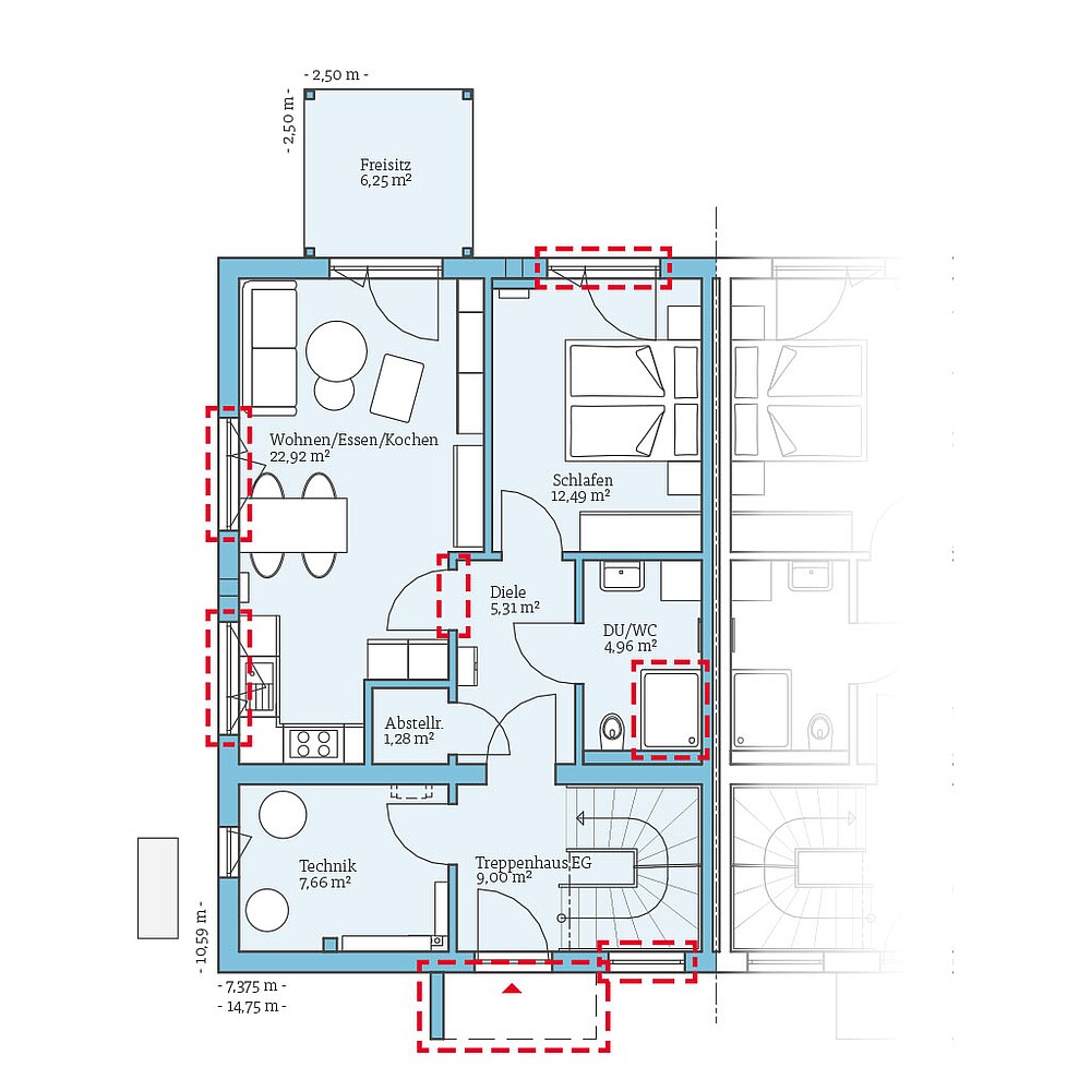 QNG⁺-Line Doppelhaus 126: Grundrissoption 1 EG - Hanse Haus