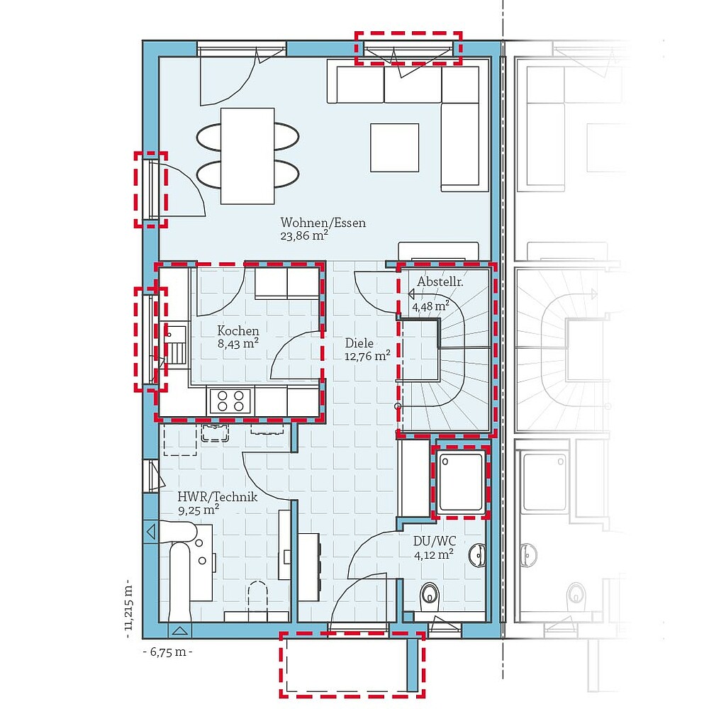QNG⁺-Line: Fertighaus Doppelhaus 25-125: Grundrissoption 1 EG