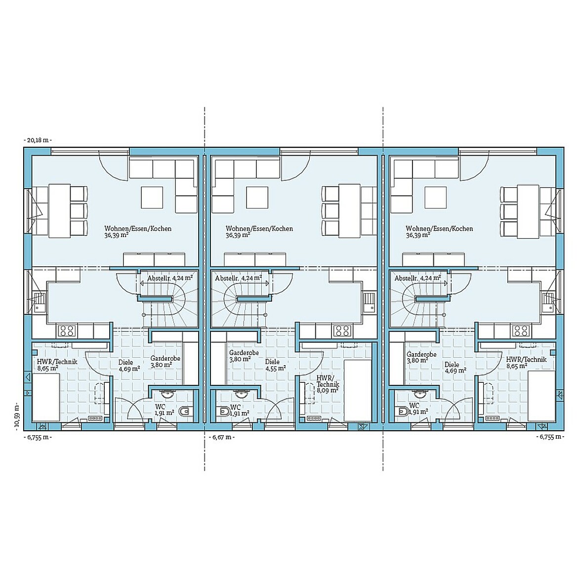 Prefabricated terraced house 118 Variant 3: Ground floor plan
