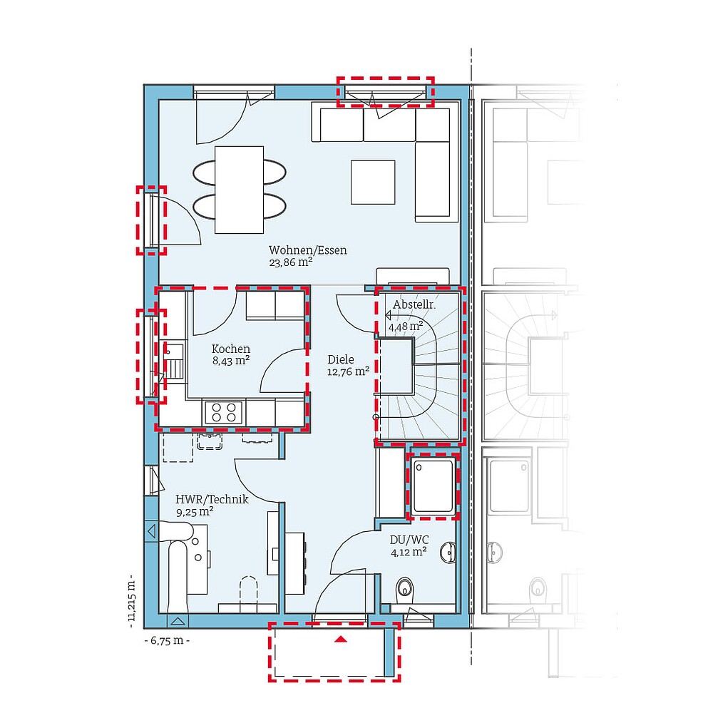 QNG⁺-Line: Doppelhaus 25-125: Grundrissoption 1 EG - Hanse Haus