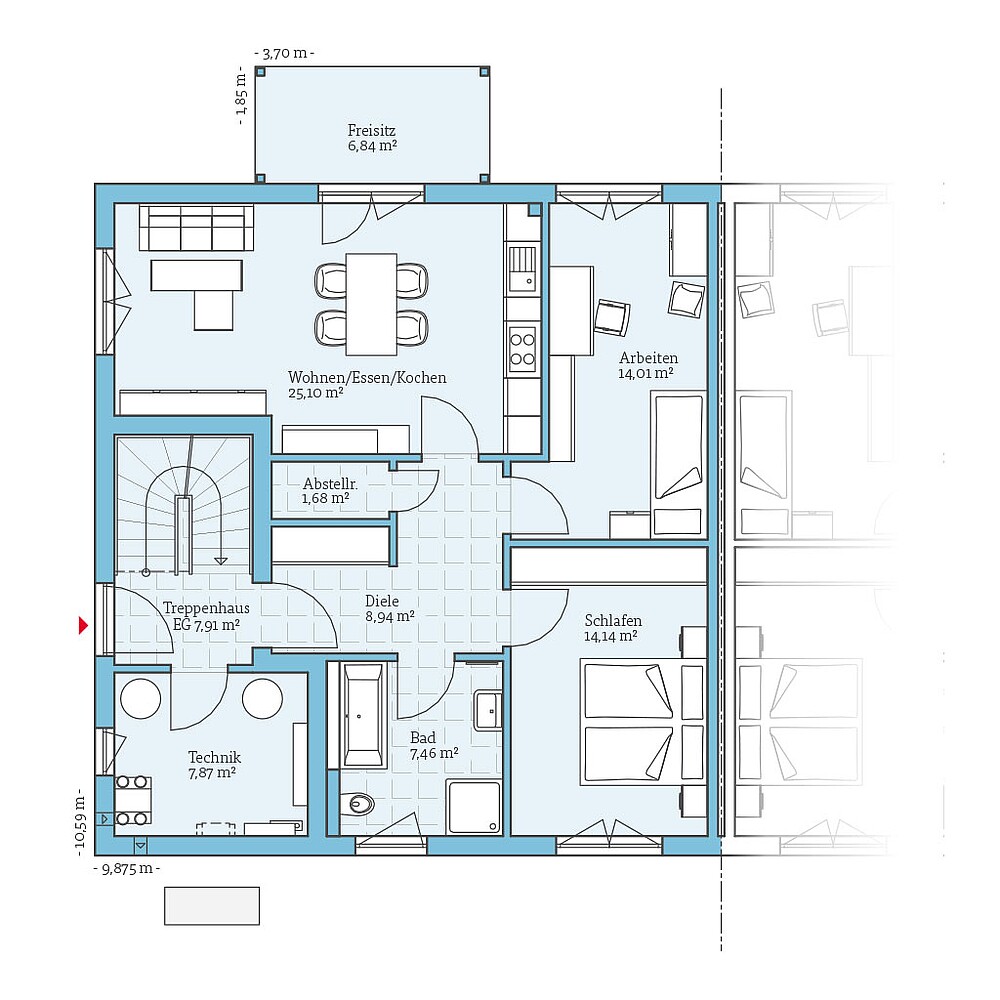 QNG⁺-Line Doppelhaus 174: Grundriss EG - Hanse Haus