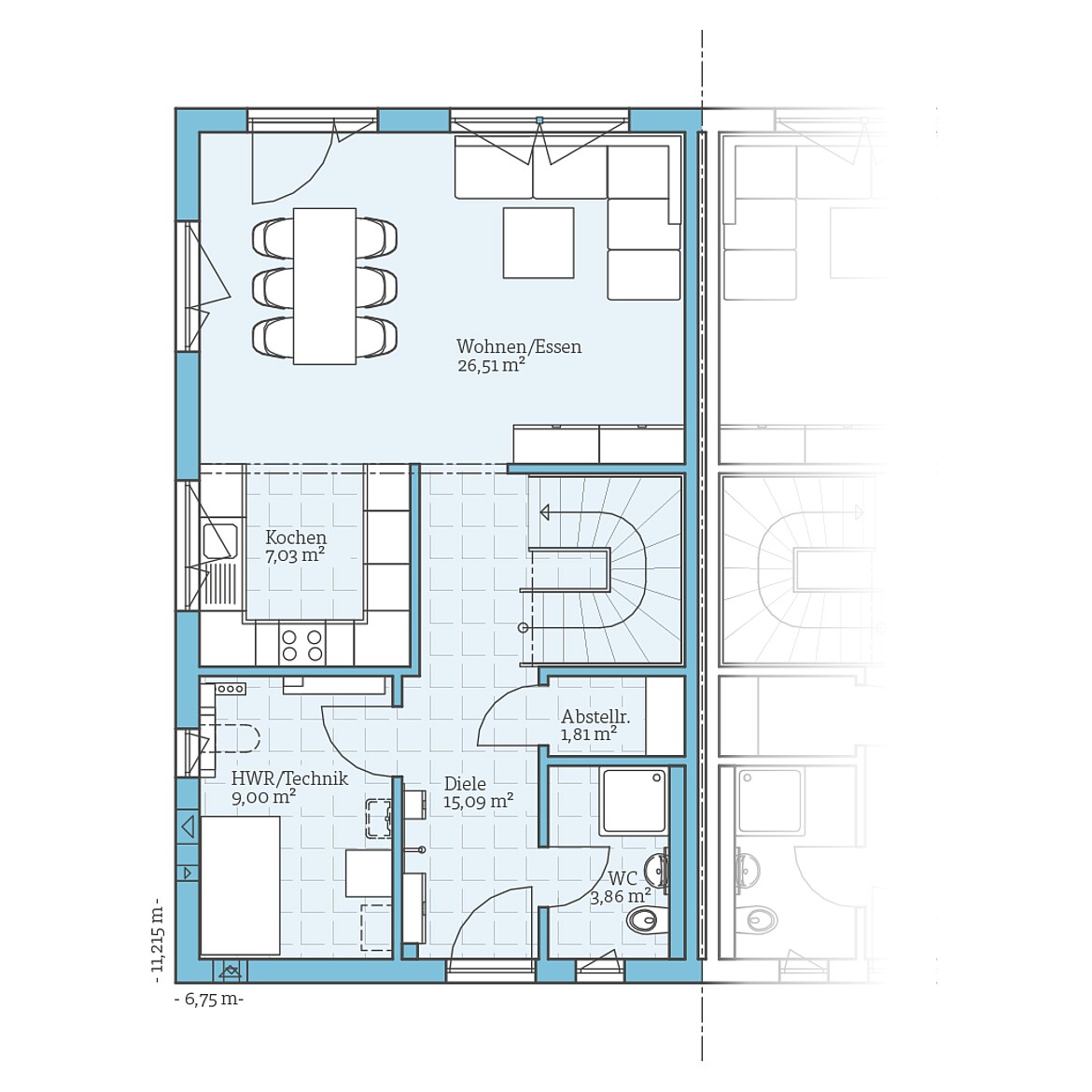Prefabricated semi-detached house 25-125: Ground floor plan
