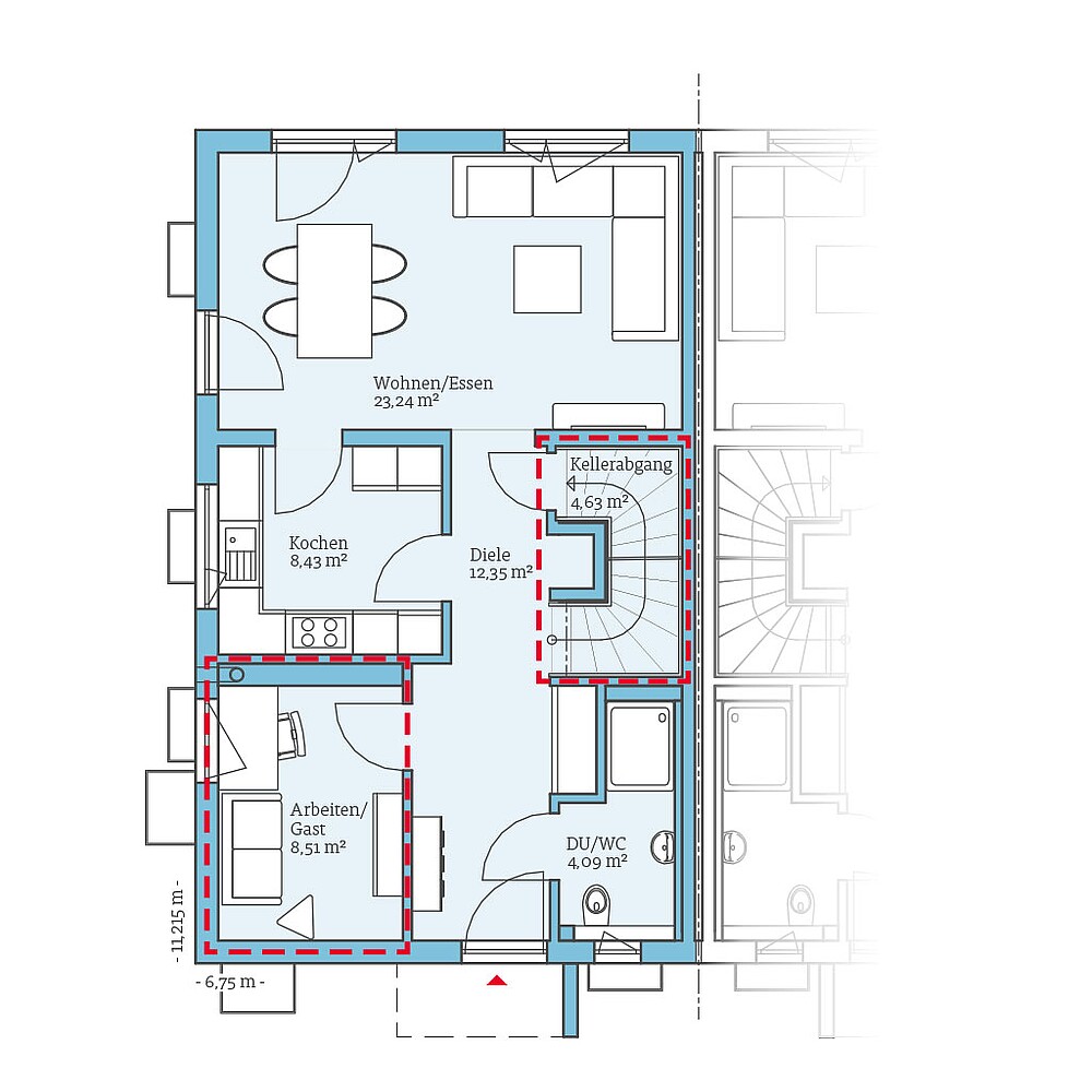 QNG⁺-Line Doppelhaus 179: Grundrissoption EG - Hanse Haus