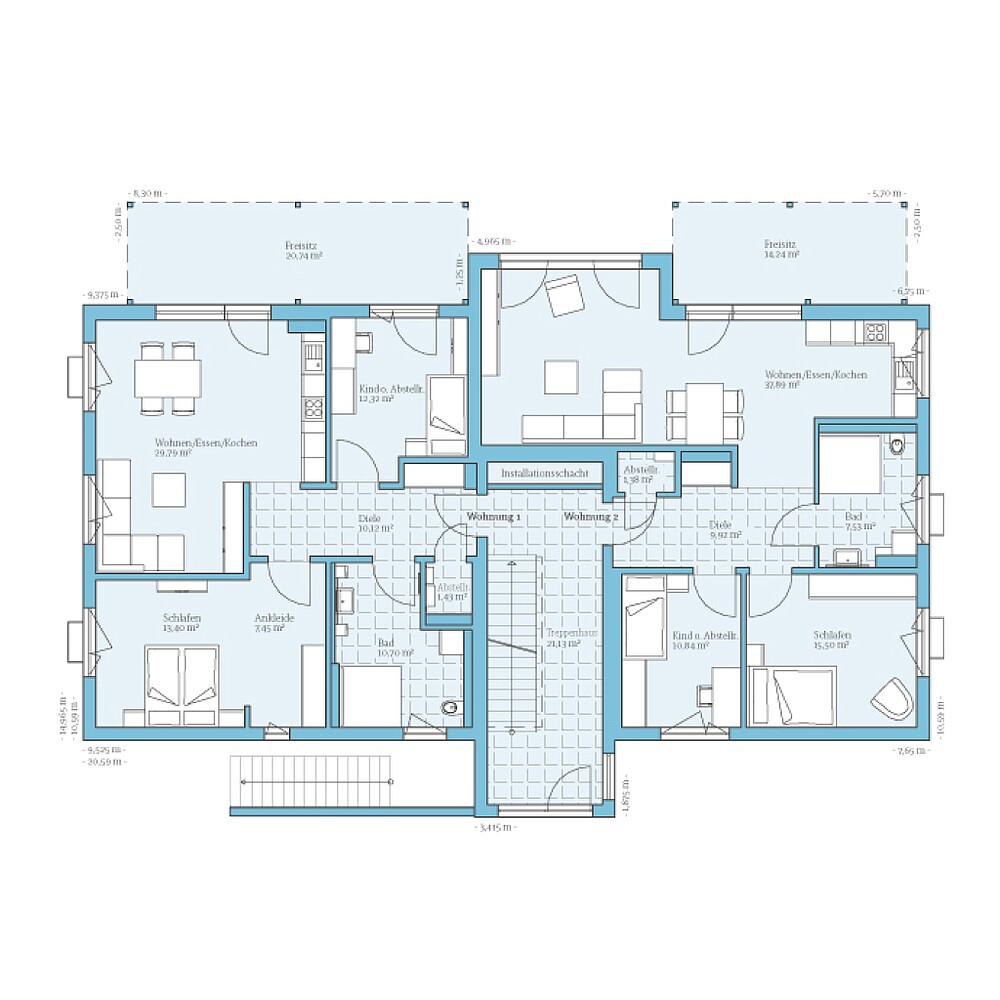 Fertighaus Mehrfamilienhaus 4 Wohneinheiten: Grundriss EG