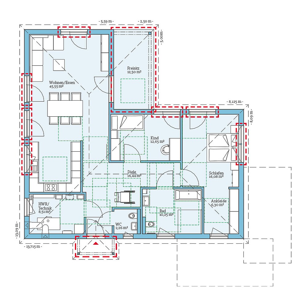QNG⁺-Line: Fertighaus Bungalow 118: Grundrissoption 1 EG