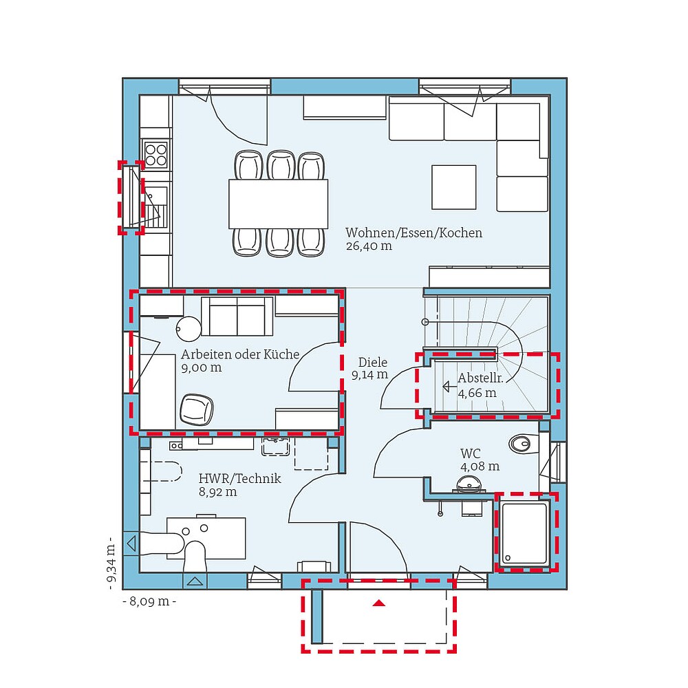 Planungsoption Erdgeschoss 2 QNG⁺-Line: Villa 124: Grundrissoption 2 EG - Hanse Hause