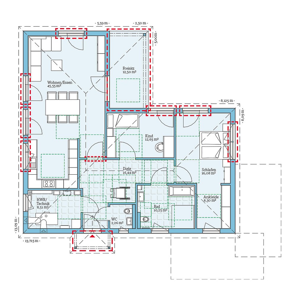 QNG⁺-Line: Fertighaus Bungalow 118: Grundrissoption 4 EG