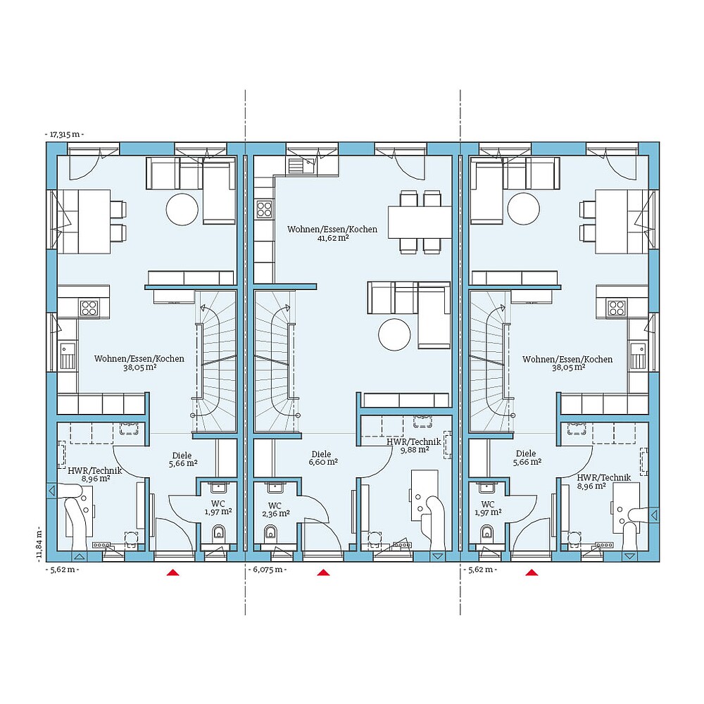 Grundriss (Erdgeschoss) QNG⁺-Line: Reihenhaus 153/172: Grundriss EG - Hanse Haus