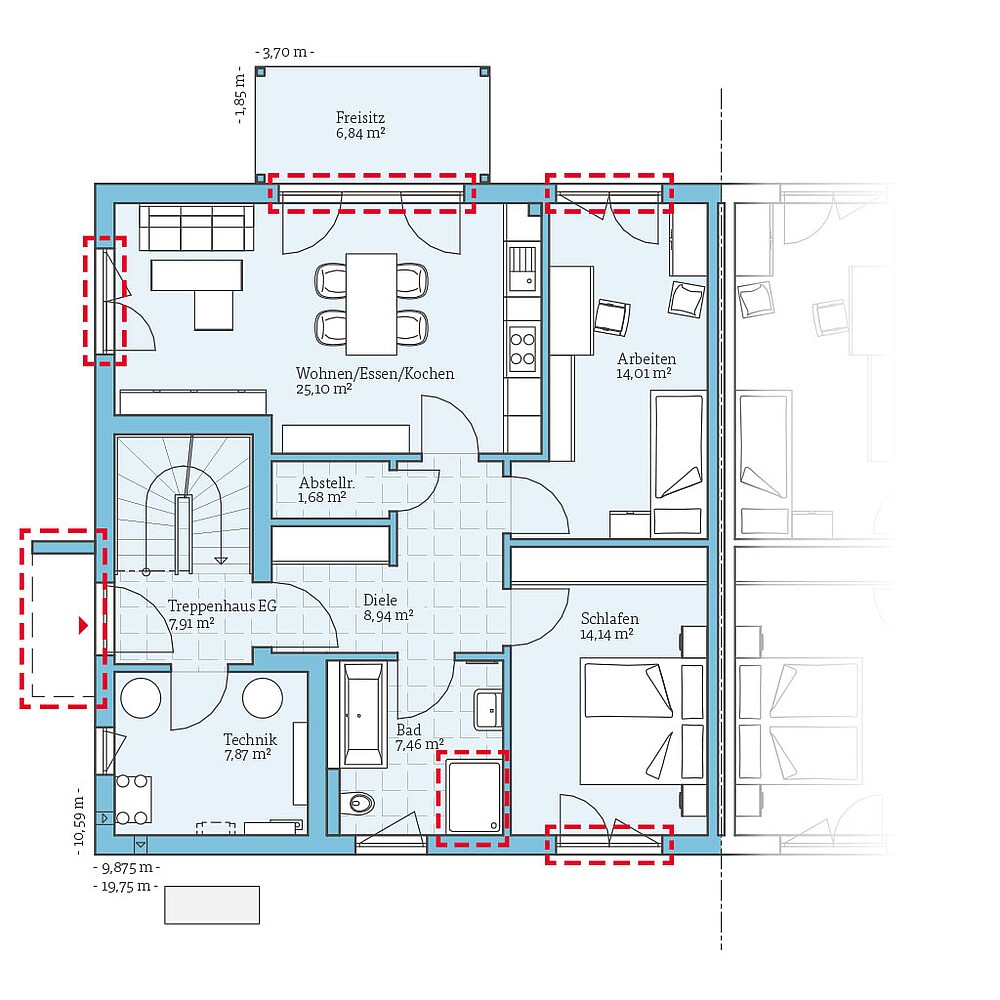 QNG⁺-Line Doppelhaus 174: Grundrissoption EG - Hanse Haus