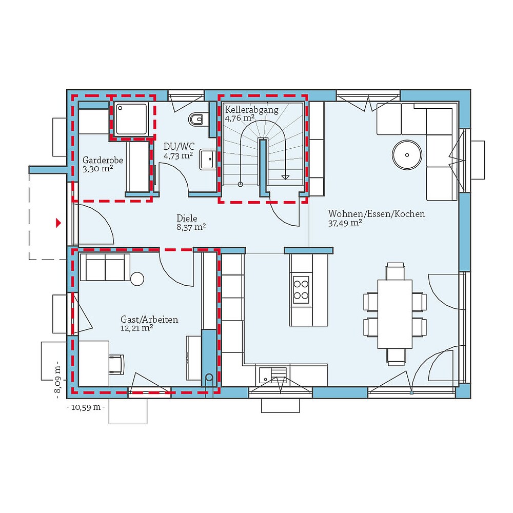 Planungsoption mit Keller (Erdgeschoss) QNG⁺-Line: Villa 142: Grundrissoption 2 EG - Hanse Haus