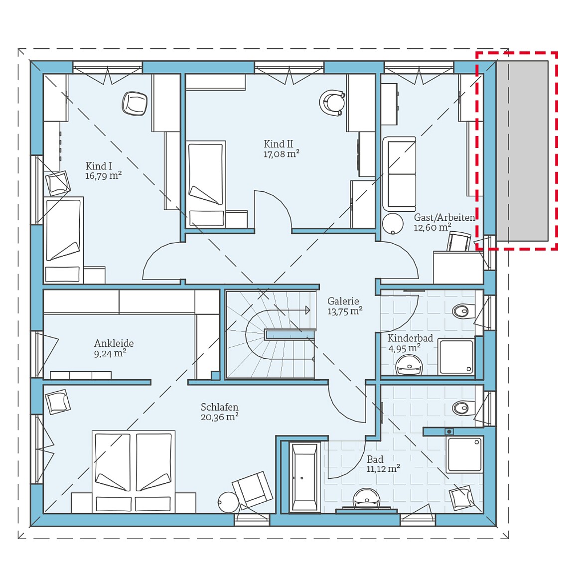 Prefabricated house Duo 212: Upper floor plan option