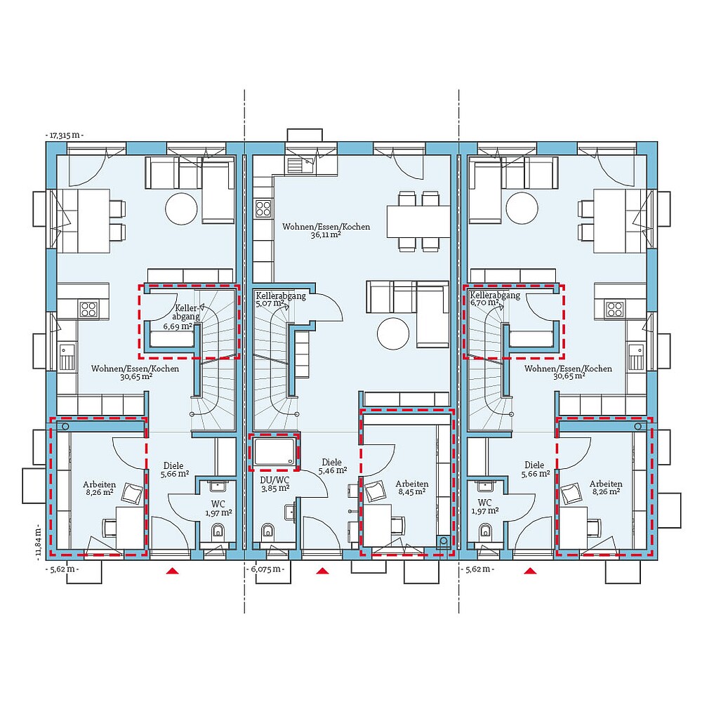Planungsoption mit Keller (Erdgeschoss) QNG⁺-Line: Reihenhaus 153/172: Grundrissoption 1 EG - Hanse Haus
