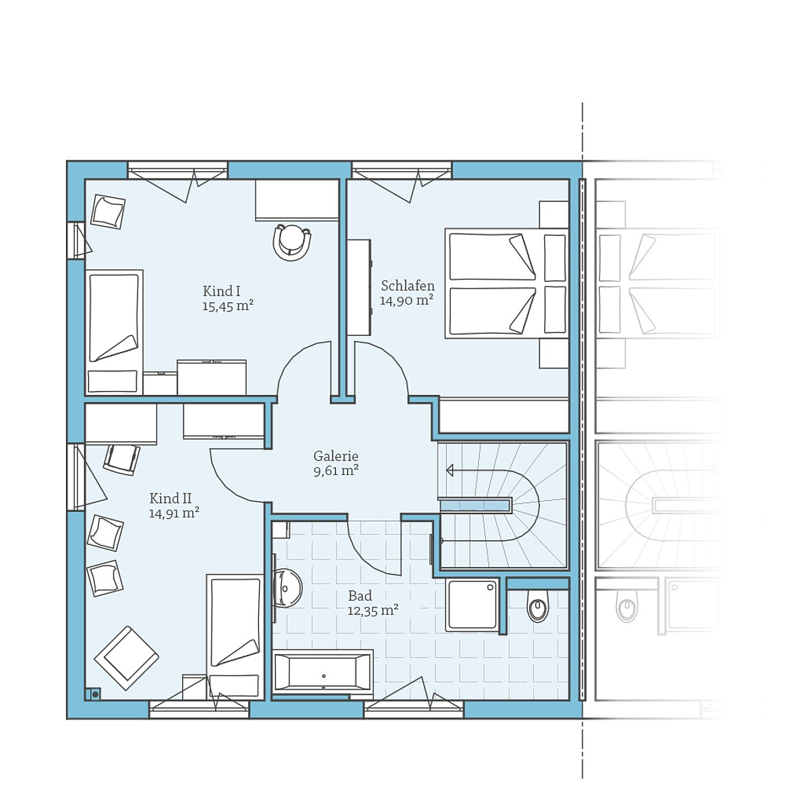 Prefabricated semi-detached house 135: Floor plan upper floor