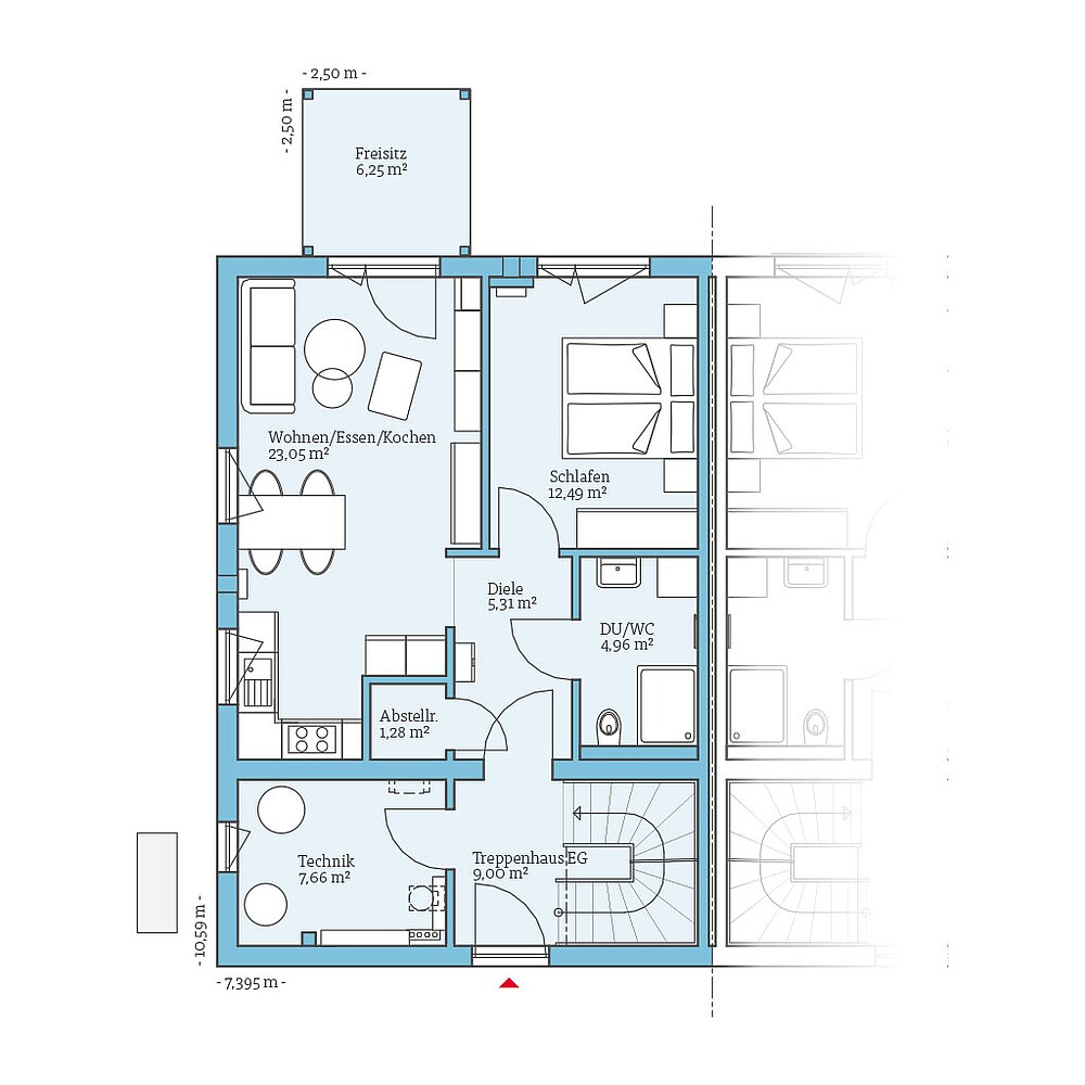 QNG⁺-Line Doppelhaus 126: Grundriss EG - Hanse Haus