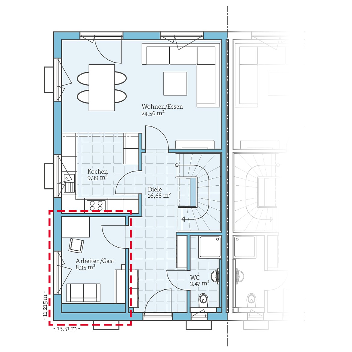 Prefabricated semi-detached house 35-124: Ground floor plan option