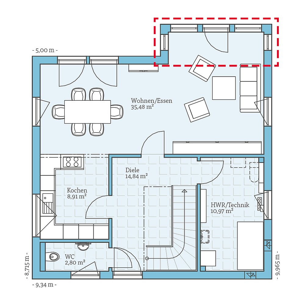Planning option for ground floor Fertighaus Villa 134: Grundrissoption EG