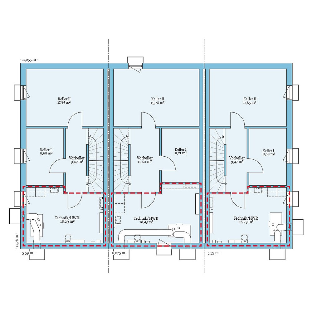 Planungsoption (Kellergeschoss) QNG⁺-Line: Reihenhaus 153/172: Grundrissoption 1 KG - Hanse Haus