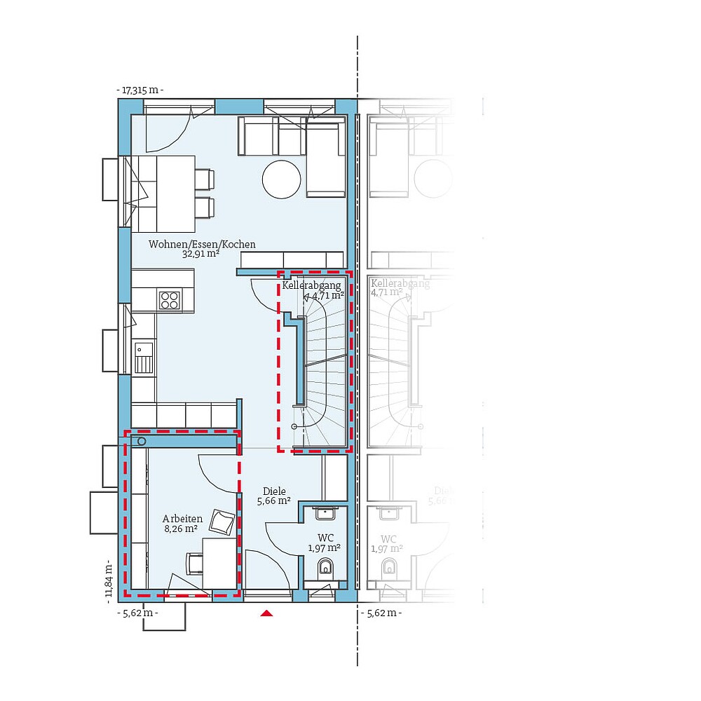 QNG⁺-Line: Doppelhaus 109: Grundrissoption 2 EG - Hanse Haus